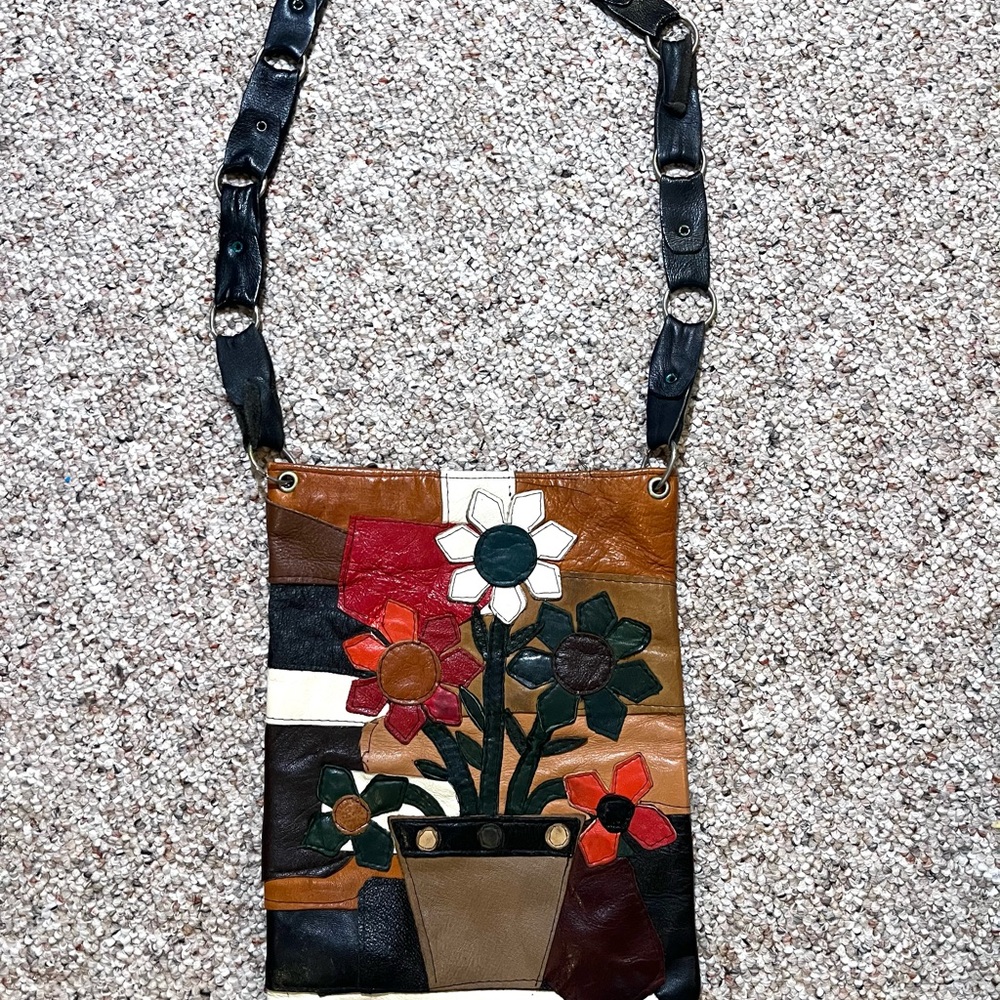 Vintage 70s Genuine Leather Patchwork Floral Crossbody Bag